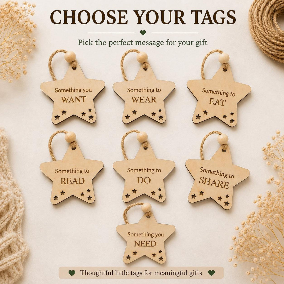 Personalized Wooden Christmas Gift Tags Set of 7 | Kids Christmas Gift Stocking Tags | Holiday Gift Tag | Want Need Wear Read Custom Name - product photo 7