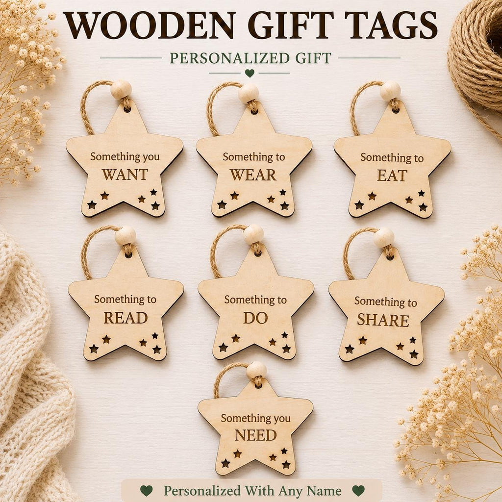 Personalized Wooden Christmas Gift Tags Set of 7 | Kids Christmas Gift Stocking Tags | Holiday Gift Tag | Want Need Wear Read Custom Name