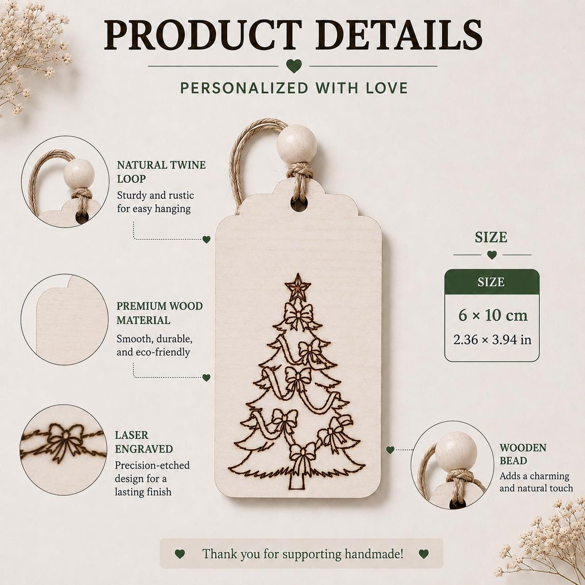 Personalized Wooden Christmas Gift Tag | Custom Name Engraved | Laser Engraved Name Tags | Stocking Tags Holiday Decor | Christmas Keepsake - product photo 2