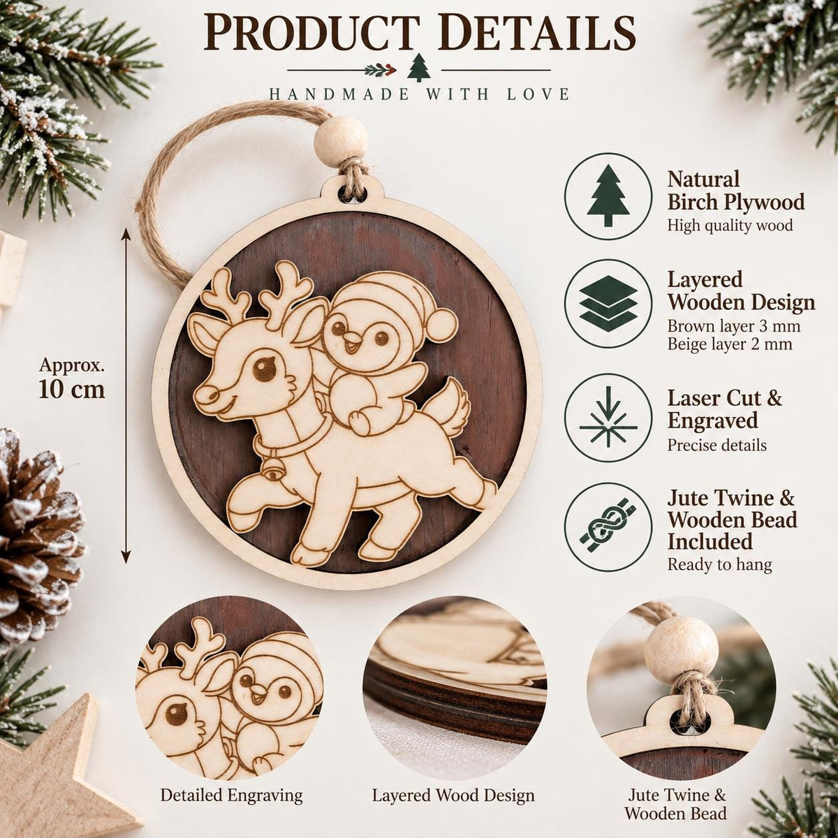 Personalized Wooden Christmas Ornament, Custom Name Reindeer Penguin Bauble, Laser Engraved Wood Tree Decoration, Kids Xmas Gift, Keepsake - product photo 5
