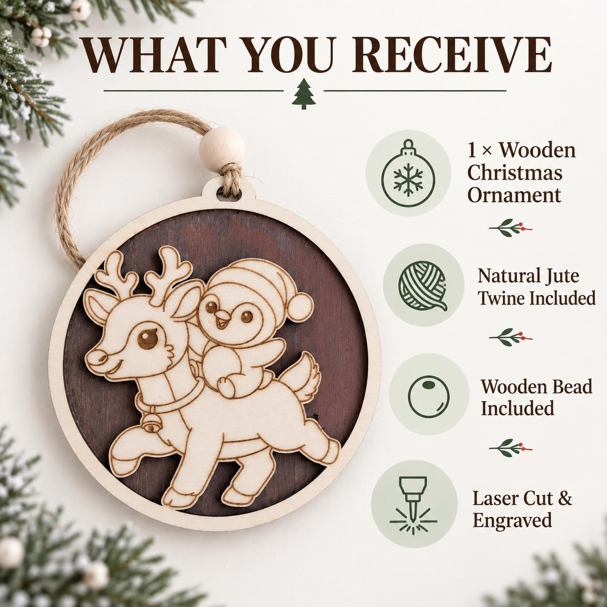 Personalized Wooden Christmas Ornament, Custom Name Reindeer Penguin Bauble, Laser Engraved Wood Tree Decoration, Kids Xmas Gift, Keepsake - product photo 7