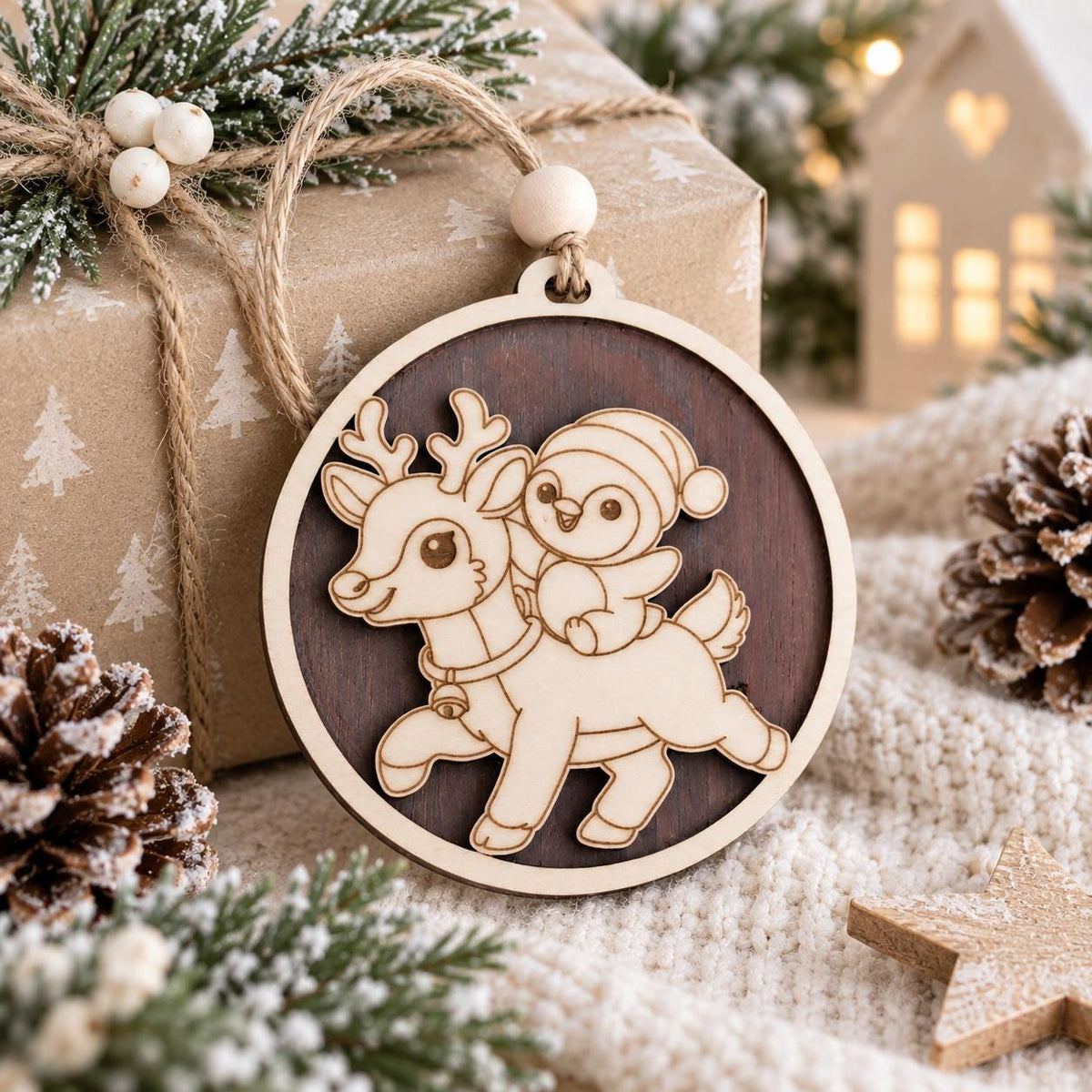 Personalized Wooden Christmas Ornament, Custom Name Reindeer Penguin Bauble, Laser Engraved Wood Tree Decoration, Kids Xmas Gift, Keepsake - product photo 9
