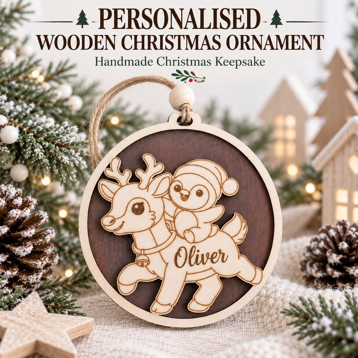 Personalized Wooden Christmas Ornament, Custom Name Reindeer Penguin Bauble, Laser Engraved Wood Tree Decoration, Kids Xmas Gift, Keepsake