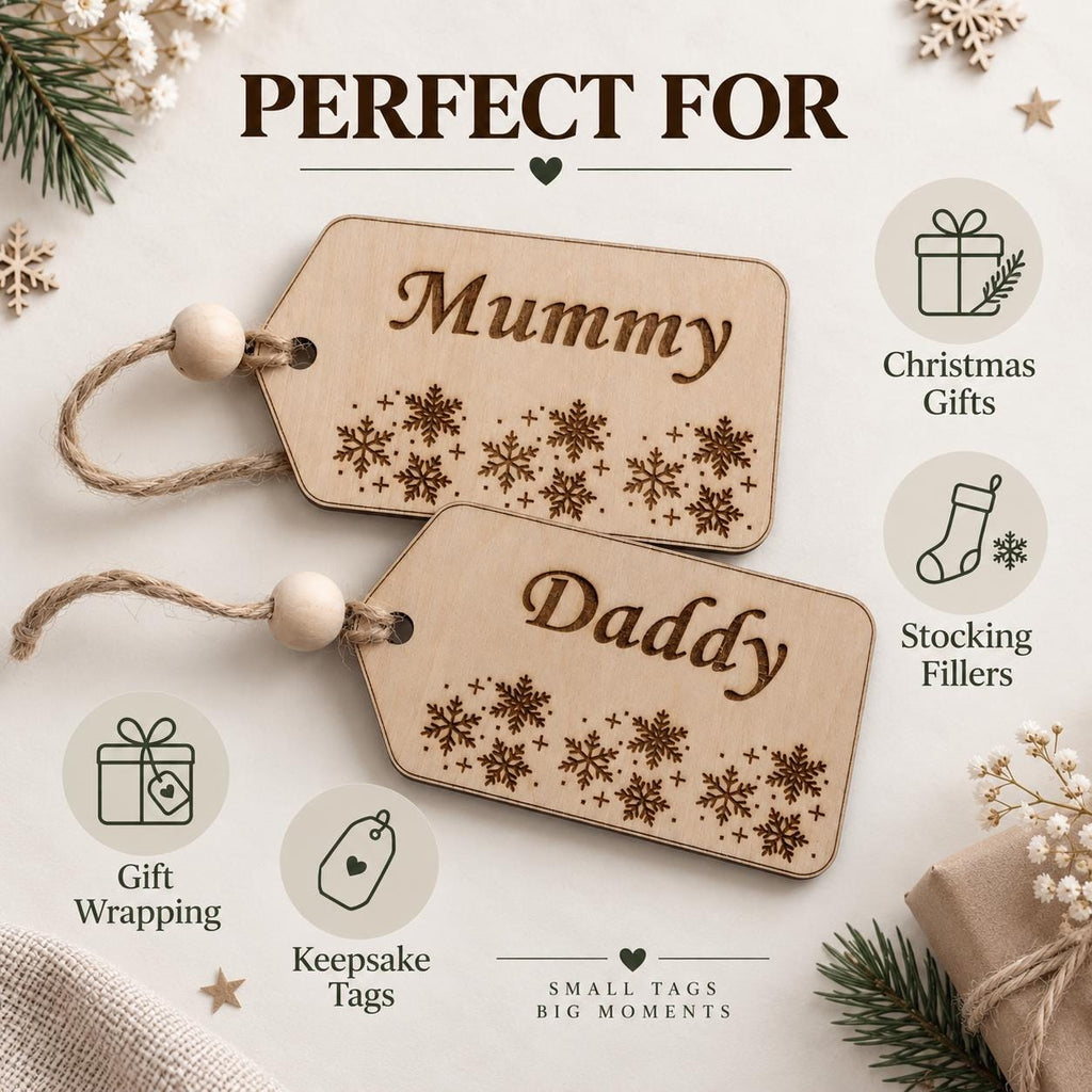 Personalized Wooden Gift Tag, Custom Name Christmas Tag, Engraved Snowflake Stocking Filler, Mummy Daddy Keepsake, Rustic Wood Name Tag - product photo 3