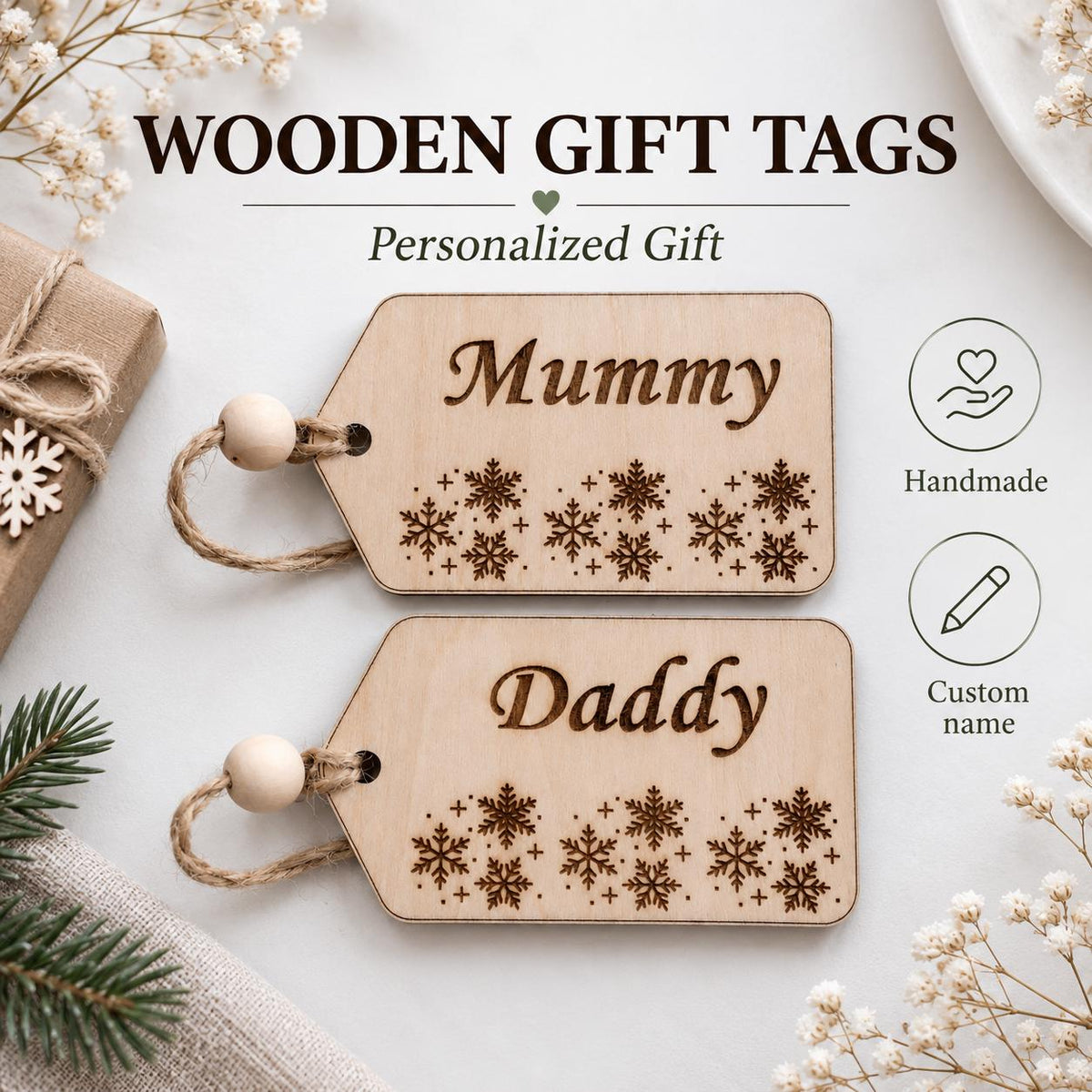 Personalized Wooden Gift Tag, Custom Name Christmas Tag, Engraved Snowflake Stocking Filler, Mummy Daddy Keepsake, Rustic Wood Name Tag