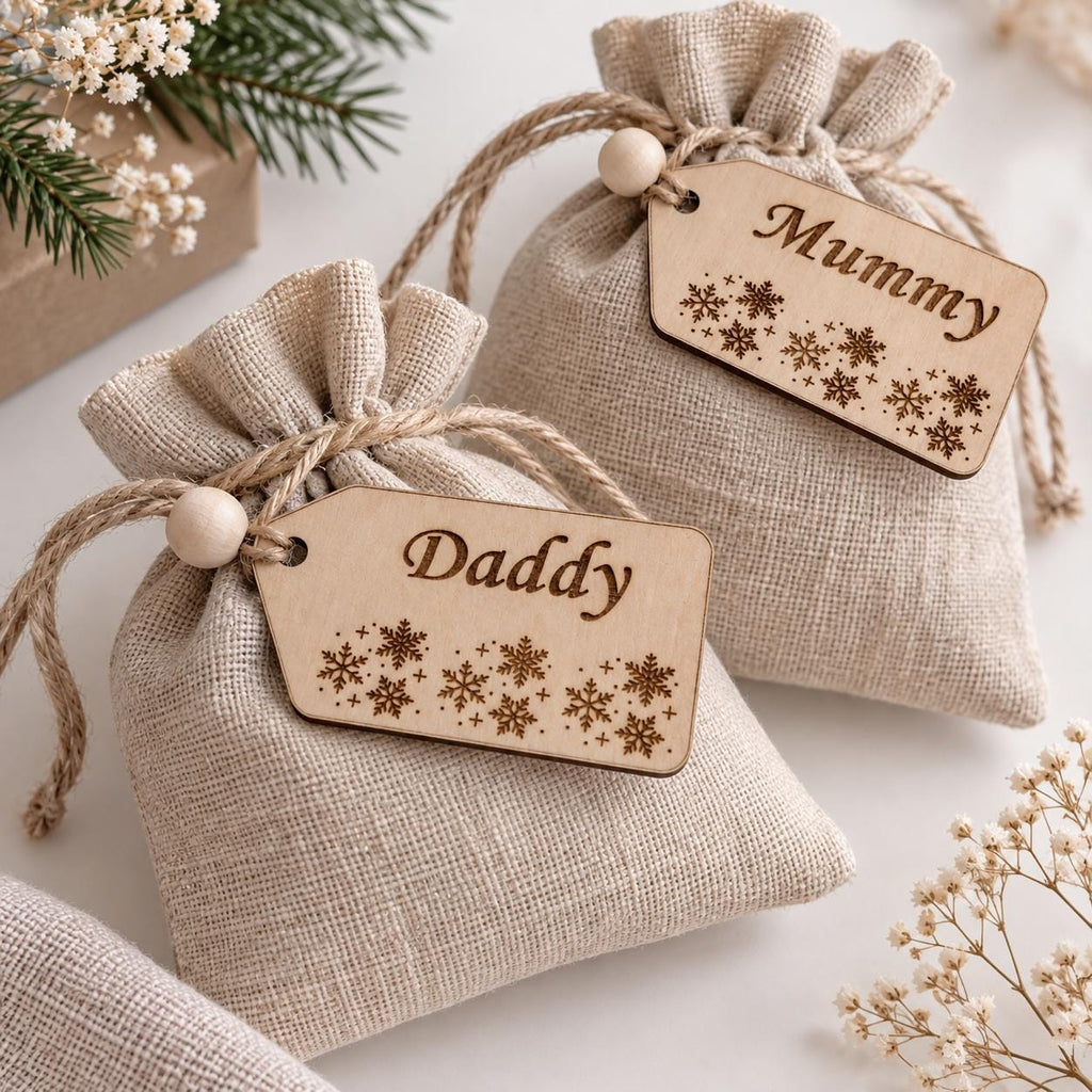 Personalized Wooden Gift Tag, Custom Name Christmas Tag, Engraved Snowflake Stocking Filler, Mummy Daddy Keepsake, Rustic Wood Name Tag - product photo 4
