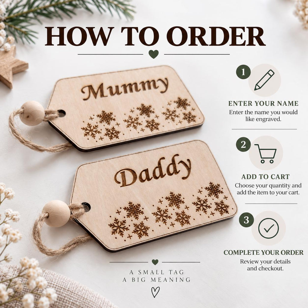 Personalized Wooden Gift Tag, Custom Name Christmas Tag, Engraved Snowflake Stocking Filler, Mummy Daddy Keepsake, Rustic Wood Name Tag - product photo 6