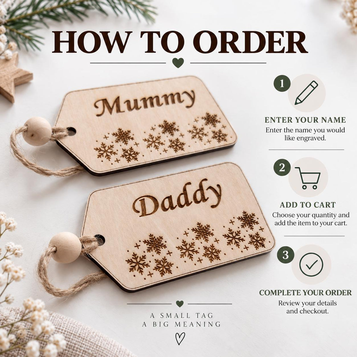 Personalized Wooden Gift Tag, Custom Name Christmas Tag, Engraved Snowflake Stocking Filler, Mummy Daddy Keepsake, Rustic Wood Name Tag - product photo 6