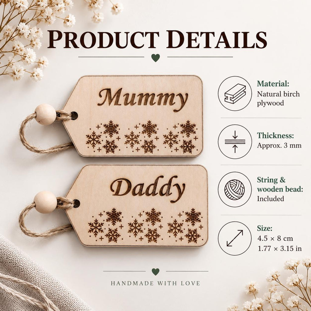 Personalized Wooden Gift Tag, Custom Name Christmas Tag, Engraved Snowflake Stocking Filler, Mummy Daddy Keepsake, Rustic Wood Name Tag - product photo 10