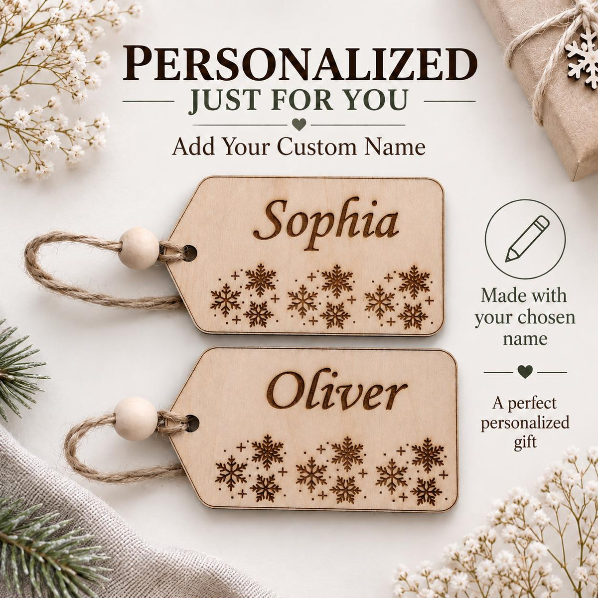 Personalized Wooden Gift Tag, Custom Name Christmas Tag, Engraved Snowflake Stocking Filler, Mummy Daddy Keepsake, Rustic Wood Name Tag - product photo 7