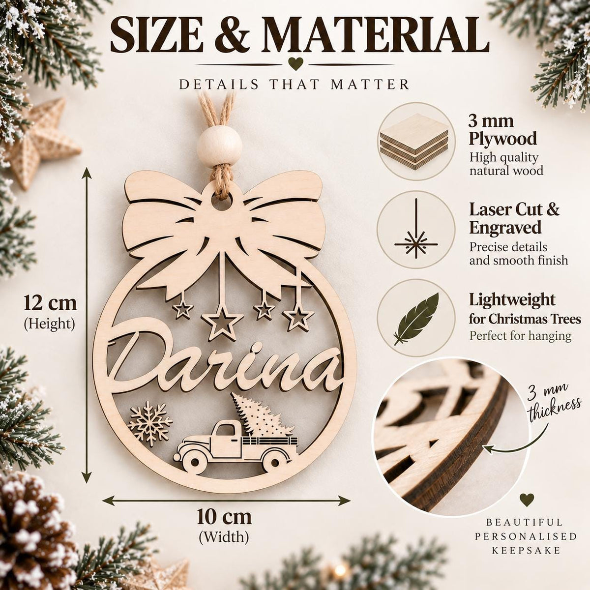 Personalized Wooden Christmas Ornament, Custom Name Bow Truck Bauble, Laser Engraved Wood Tree Decoration, Xmas Gift, Keepsake - product photo 2