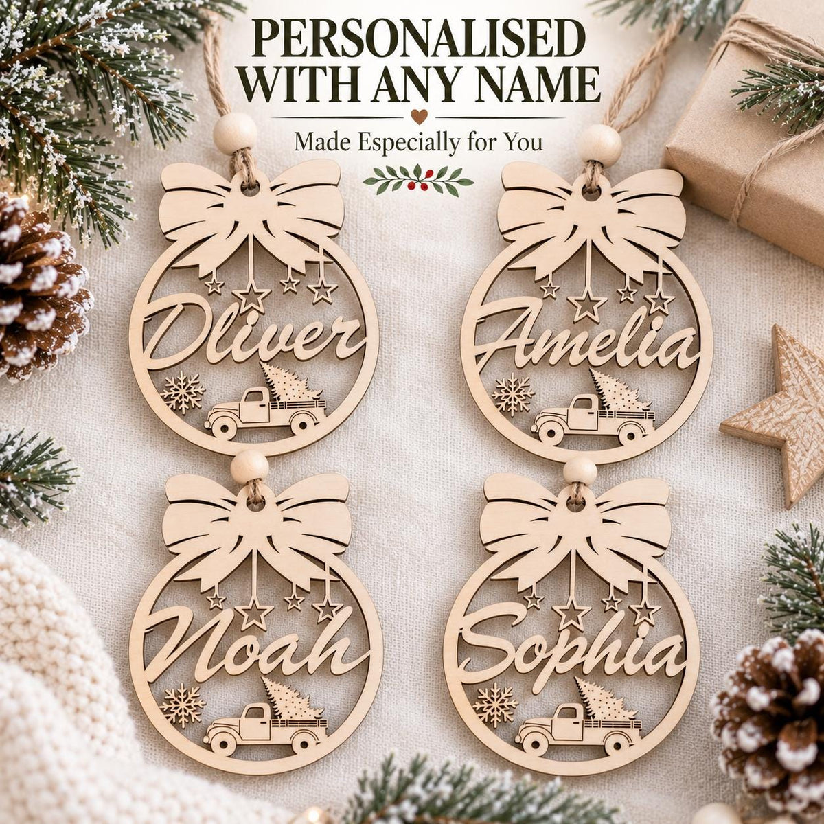 Personalized Wooden Christmas Ornament, Custom Name Bow Truck Bauble, Laser Engraved Wood Tree Decoration, Xmas Gift, Keepsake - product photo 4