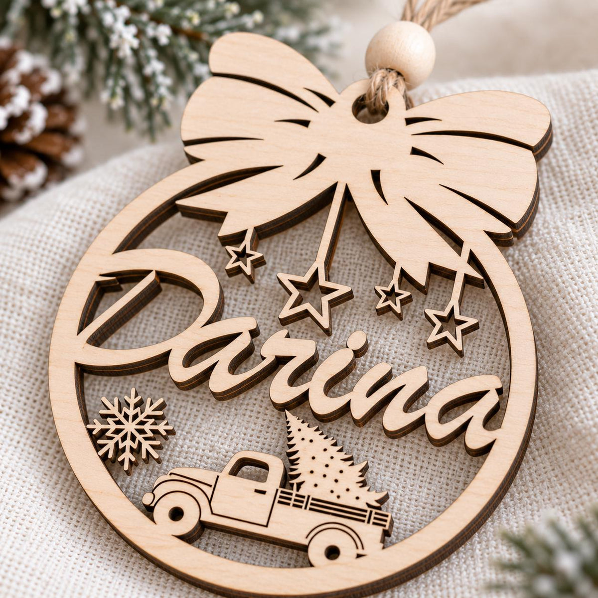 Personalized Wooden Christmas Ornament, Custom Name Bow Truck Bauble, Laser Engraved Wood Tree Decoration, Xmas Gift, Keepsake - product photo 5