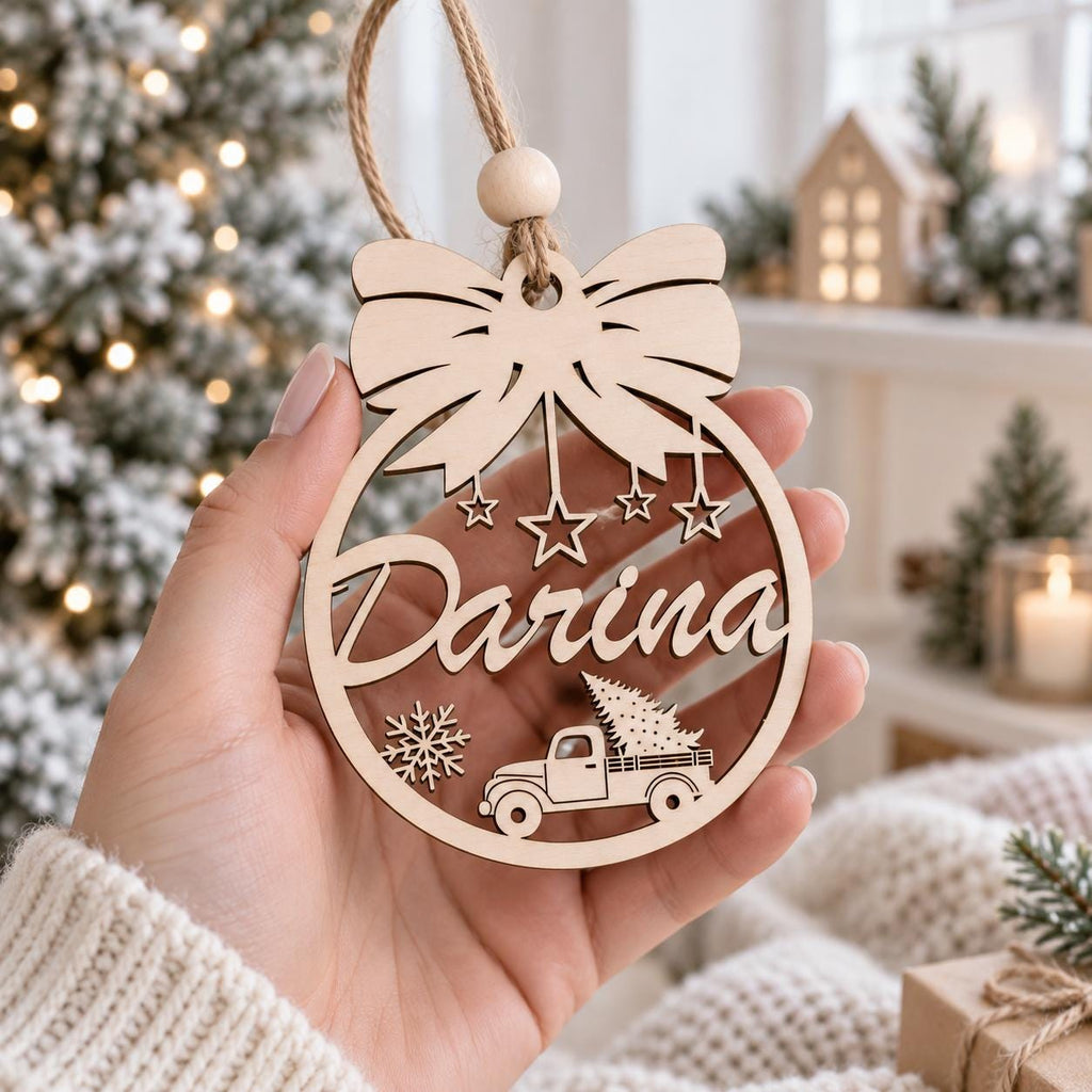 Personalized Wooden Christmas Ornament, Custom Name Bow Truck Bauble, Laser Engraved Wood Tree Decoration, Xmas Gift, Keepsake - product photo 6