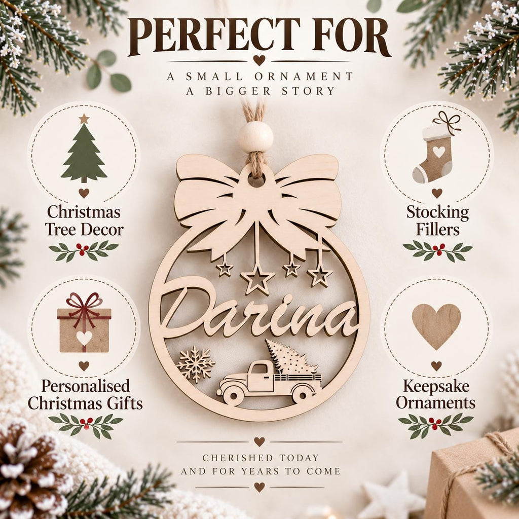 Personalized Wooden Christmas Ornament, Custom Name Bow Truck Bauble, Laser Engraved Wood Tree Decoration, Xmas Gift, Keepsake - product photo 7