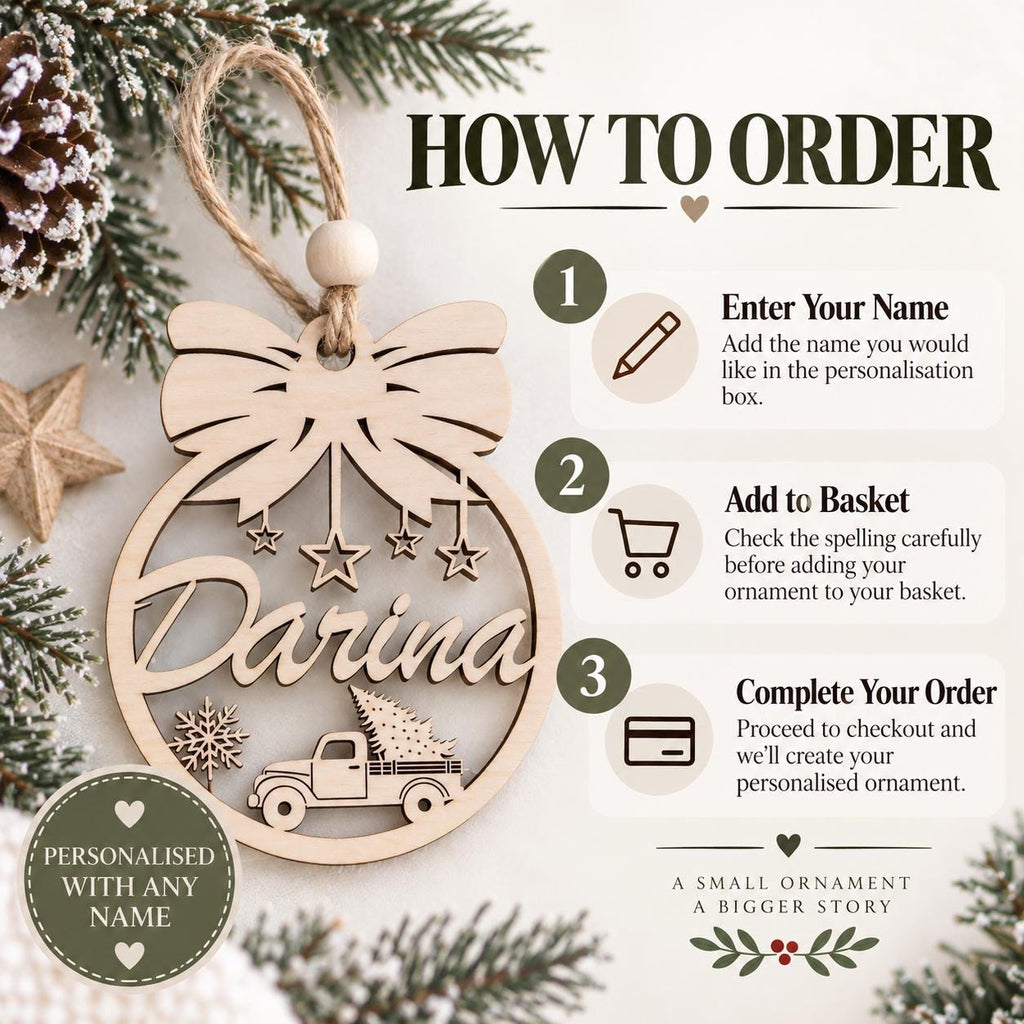 Personalized Wooden Christmas Ornament, Custom Name Bow Truck Bauble, Laser Engraved Wood Tree Decoration, Xmas Gift, Keepsake - product photo 9