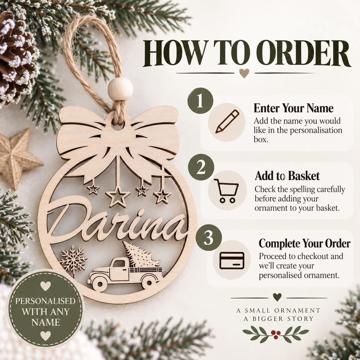 Personalized Wooden Christmas Ornament, Custom Name Bow Truck Bauble, Laser Engraved Wood Tree Decoration, Xmas Gift, Keepsake - product photo 9