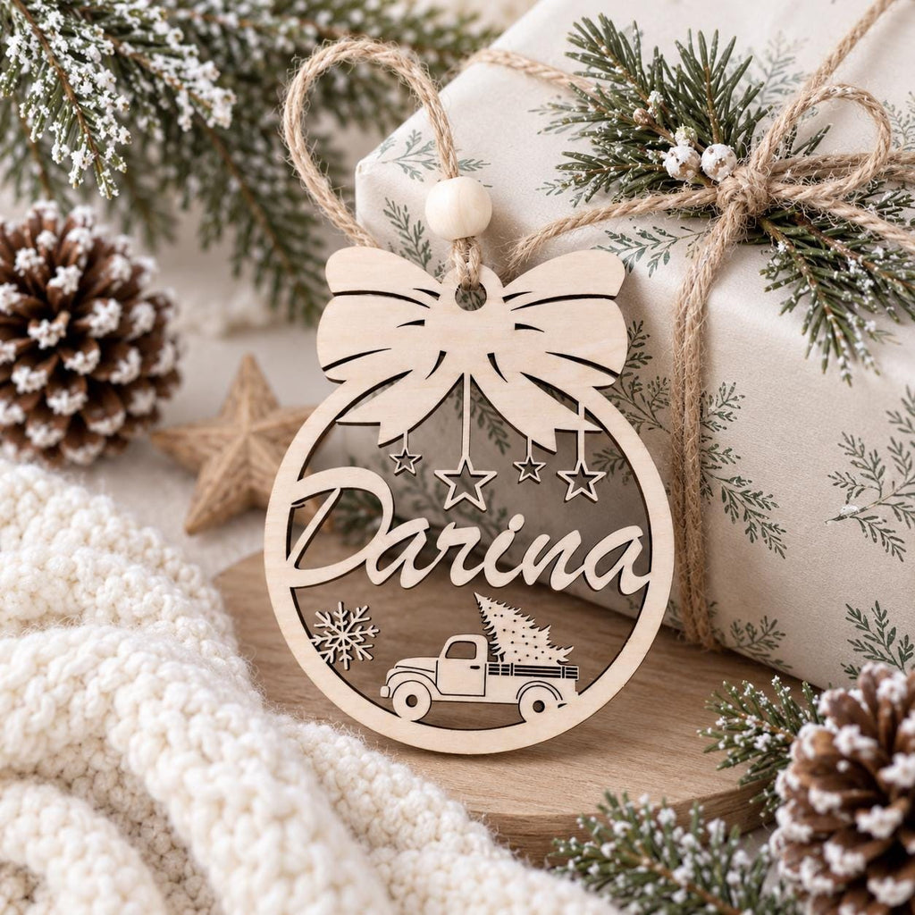 Personalized Wooden Christmas Ornament, Custom Name Bow Truck Bauble, Laser Engraved Wood Tree Decoration, Xmas Gift, Keepsake - product photo 10