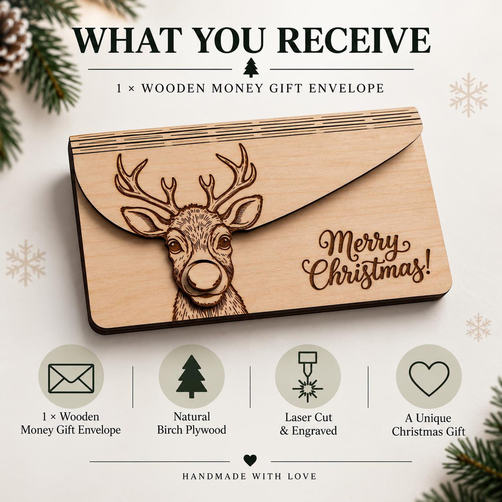 Wooden Money Gift Envelope | Christmas Cash Envelope, Money Holder Box | Engraved Reindeer Gift Card Holder | Fits UK Banknotes, Xmas Gift - product photo 6