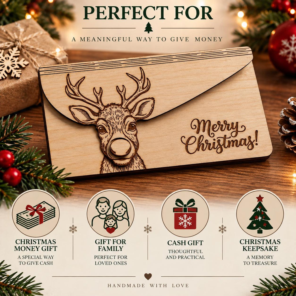 Wooden Money Gift Envelope | Christmas Cash Envelope, Money Holder Box | Engraved Reindeer Gift Card Holder | Fits UK Banknotes, Xmas Gift - product photo 9