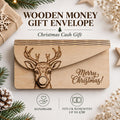 Wooden Money Gift Envelope | Christmas Cash Envelope, Money Holder Box | Engraved Reindeer Gift Card Holder | Fits UK Banknotes, Xmas Gift