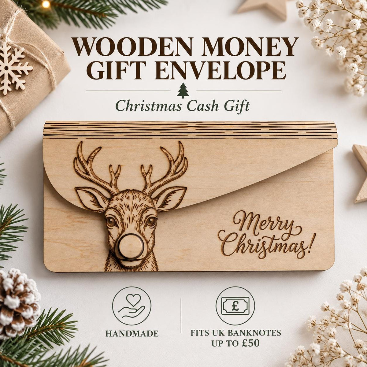 Wooden Money Gift Envelope | Christmas Cash Envelope, Money Holder Box | Engraved Reindeer Gift Card Holder | Fits UK Banknotes, Xmas Gift