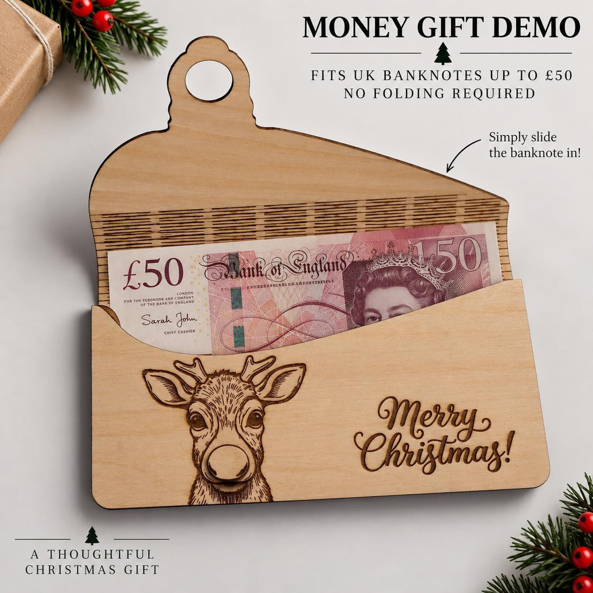 Wooden Money Gift Envelope | Christmas Cash Envelope, Money Holder Box | Engraved Reindeer Gift Card Holder | Fits UK Banknotes, Xmas Gift - product photo 4