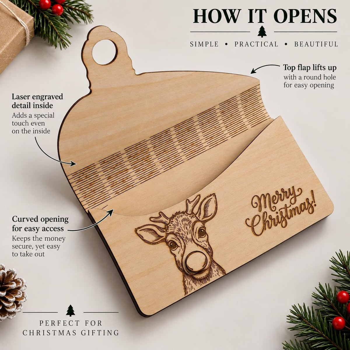 Wooden Money Gift Envelope | Christmas Cash Envelope, Money Holder Box | Engraved Reindeer Gift Card Holder | Fits UK Banknotes, Xmas Gift - product photo 7
