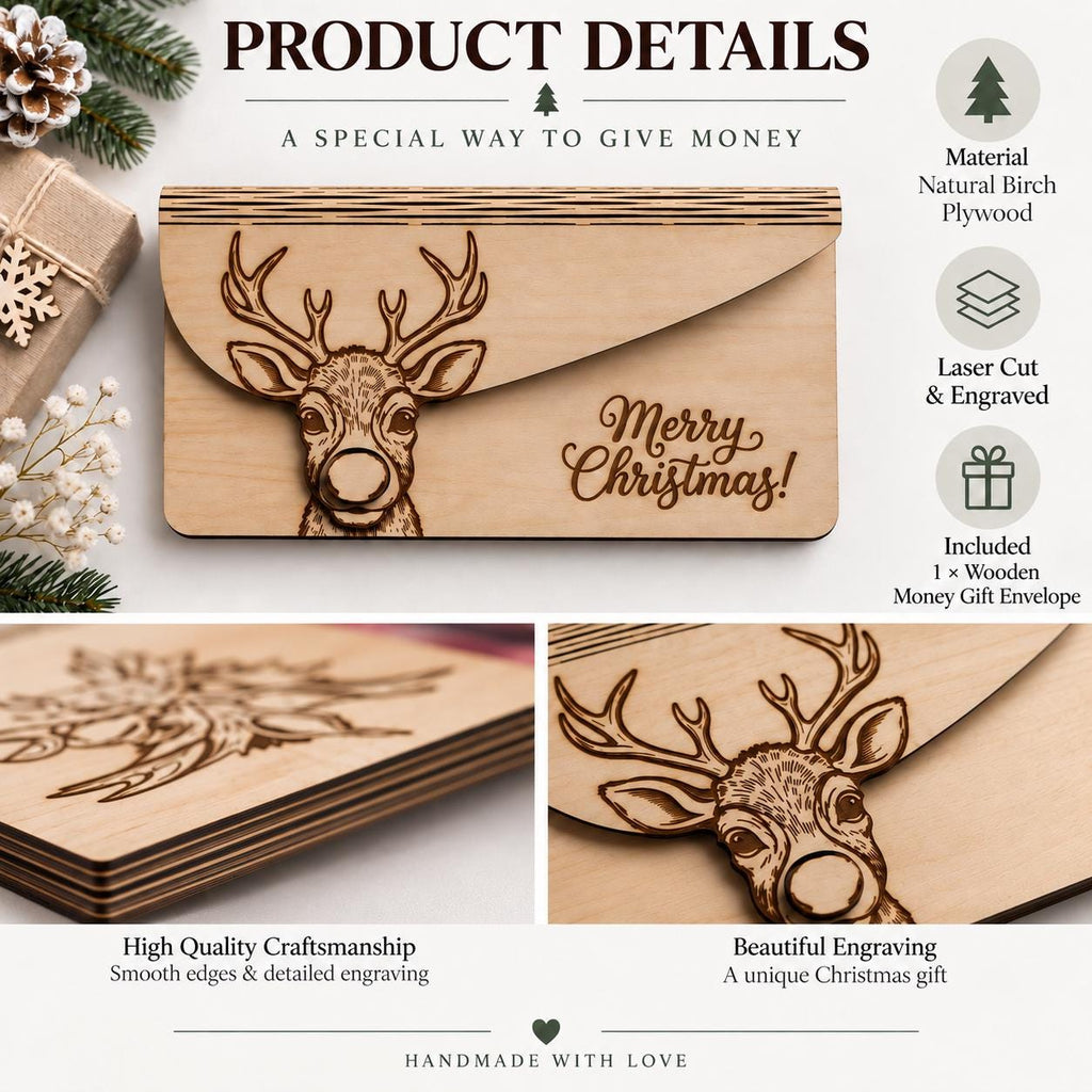 Wooden Money Gift Envelope | Christmas Cash Envelope, Money Holder Box | Engraved Reindeer Gift Card Holder | Fits UK Banknotes, Xmas Gift - product photo 2
