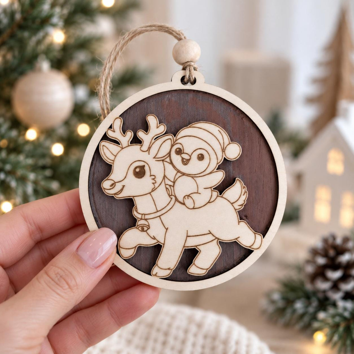 Personalized Wooden Christmas Ornament, Custom Name Reindeer Penguin Bauble, Laser Engraved Wood Tree Decoration, Kids Xmas Gift, Keepsake - product photo 4