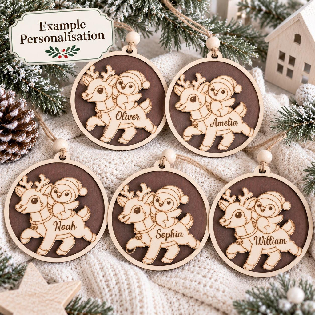 Personalized Wooden Christmas Ornament, Custom Name Reindeer Penguin Bauble, Laser Engraved Wood Tree Decoration, Kids Xmas Gift, Keepsake - product photo 3