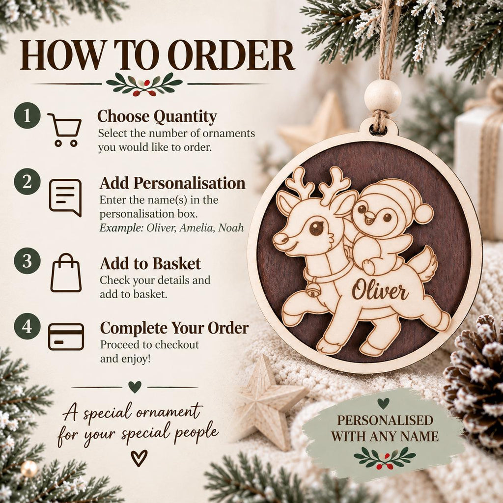 Personalized Wooden Christmas Ornament, Custom Name Reindeer Penguin Bauble, Laser Engraved Wood Tree Decoration, Kids Xmas Gift, Keepsake - product photo 10