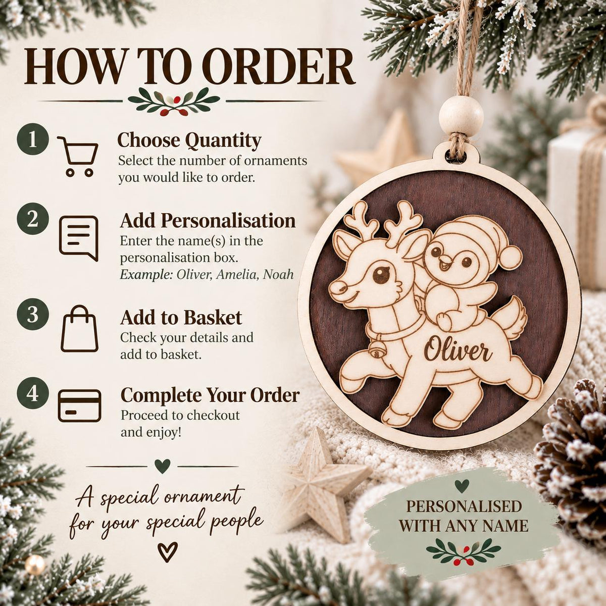 Personalized Wooden Christmas Ornament, Custom Name Reindeer Penguin Bauble, Laser Engraved Wood Tree Decoration, Kids Xmas Gift, Keepsake - product photo 10
