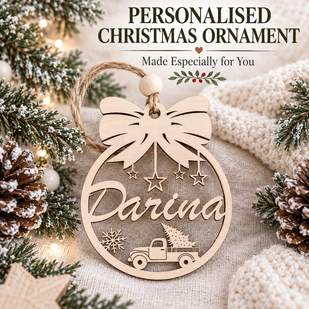 Personalized Wooden Christmas Ornament, Custom Name Bow Truck Bauble, Laser Engraved Wood Tree Decoration, Xmas Gift, Keepsake
