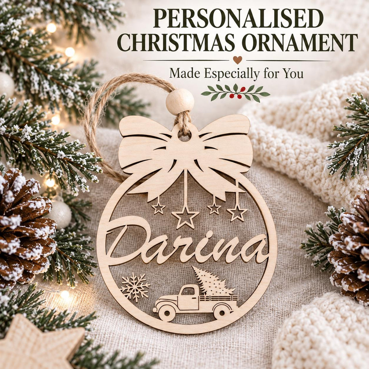Personalized Wooden Christmas Ornament, Custom Name Bow Truck Bauble, Laser Engraved Wood Tree Decoration, Xmas Gift, Keepsake