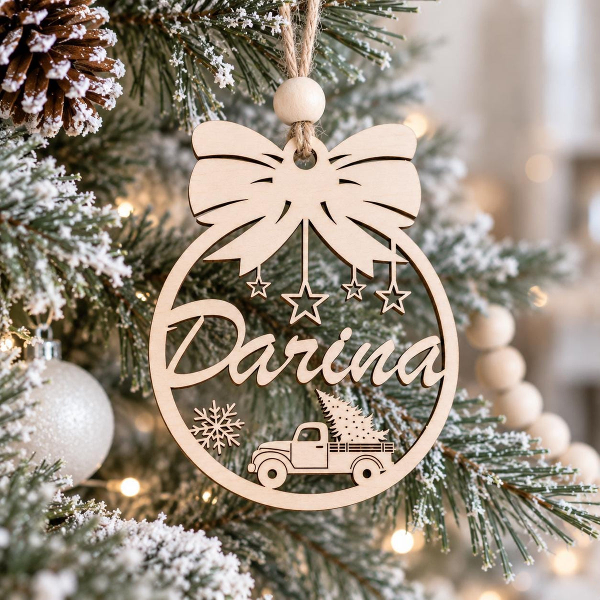 Personalized Wooden Christmas Ornament, Custom Name Bow Truck Bauble, Laser Engraved Wood Tree Decoration, Xmas Gift, Keepsake - product photo 3