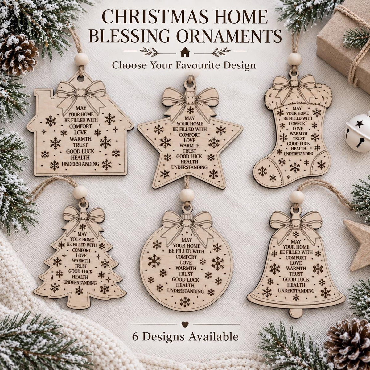 Wooden Christmas Home Blessing Ornament, Engraved Family Blessing Tree Decoration, Rustic Farmhouse Christmas Gift, Housewarming Present