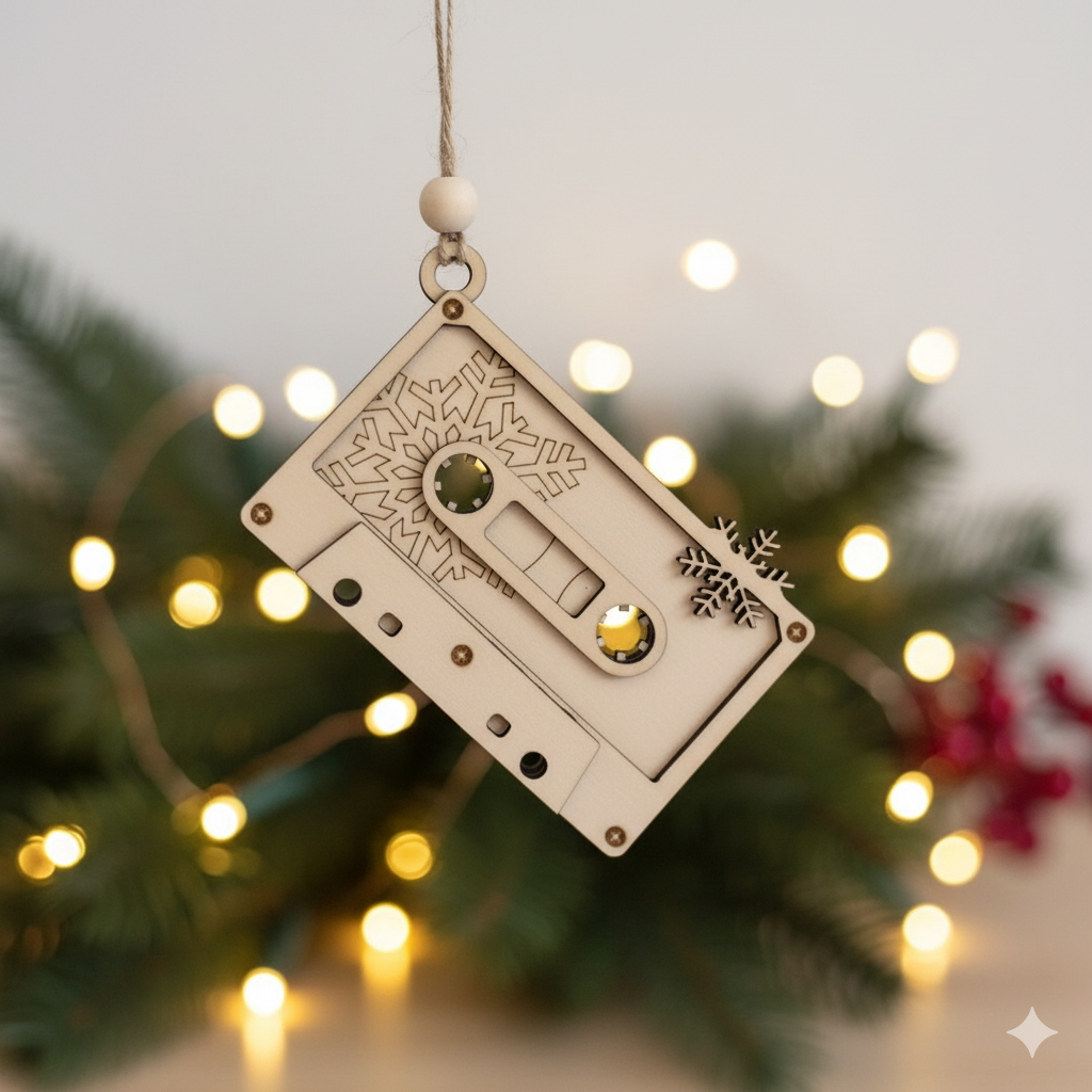 Decorative cassette tape ornament hanging on a Christmas tree with lights in the background