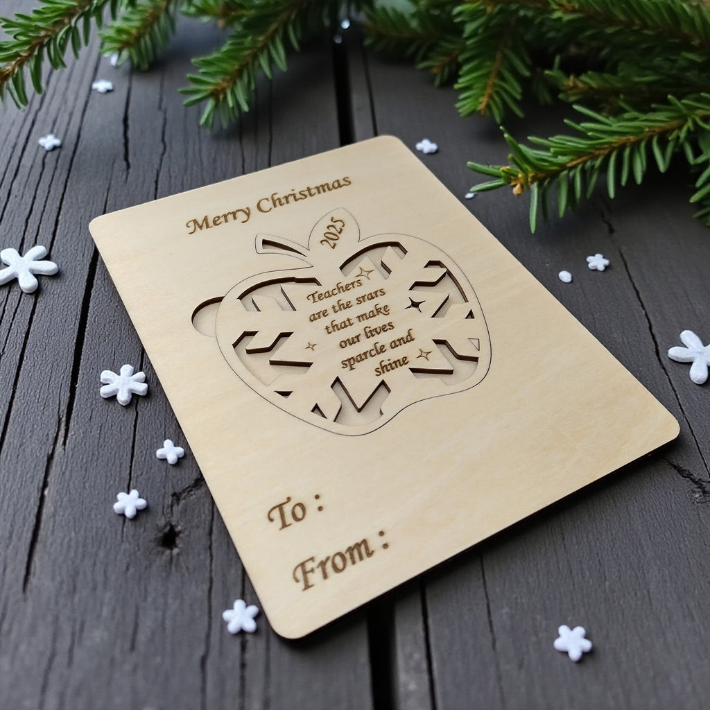 Wooden Christmas Card for Teacher 2025 | Laser Cut Apple Design with Message | Merry Christmas Gift for Teacher