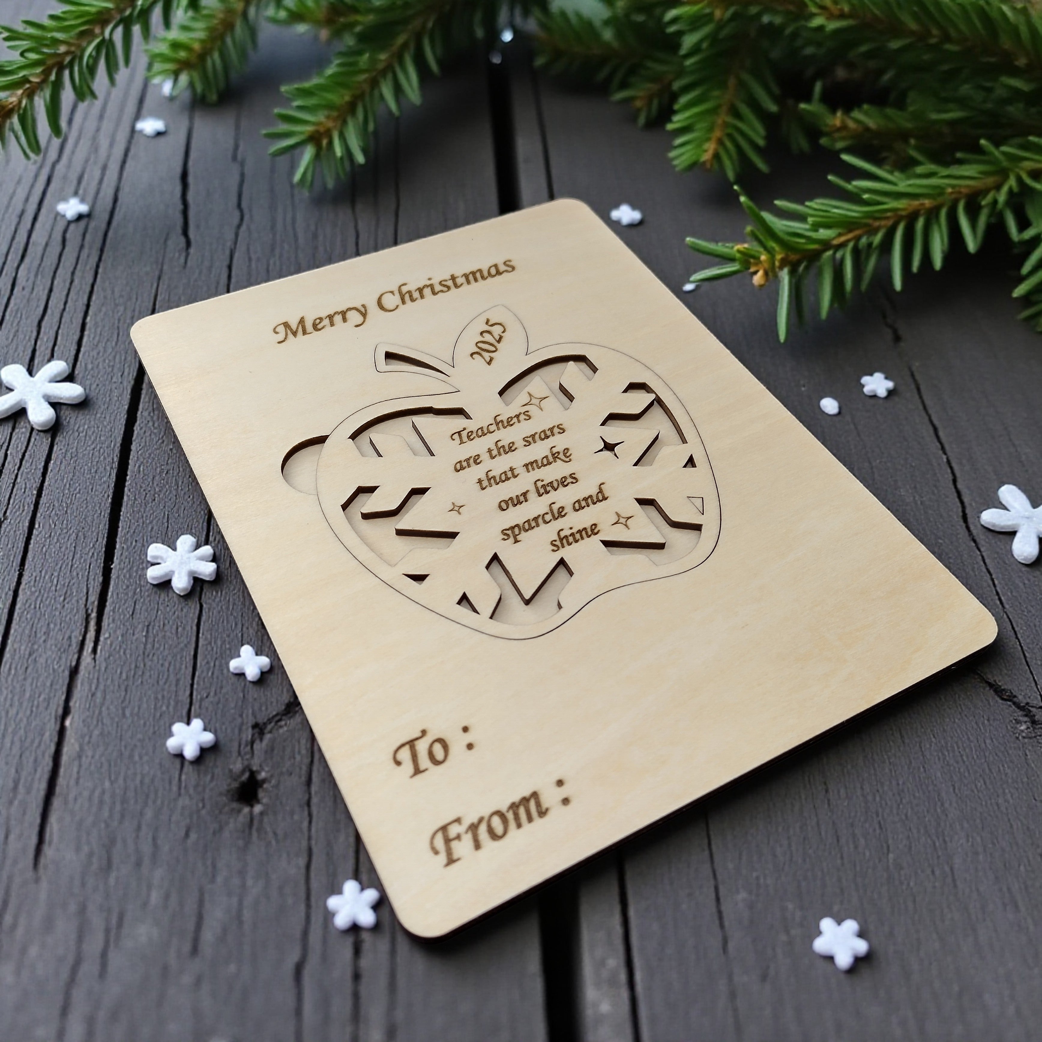 Wooden Christmas Card for Teacher 2025 | Laser Cut Apple Design with Message | Merry Christmas Gift for Teacher