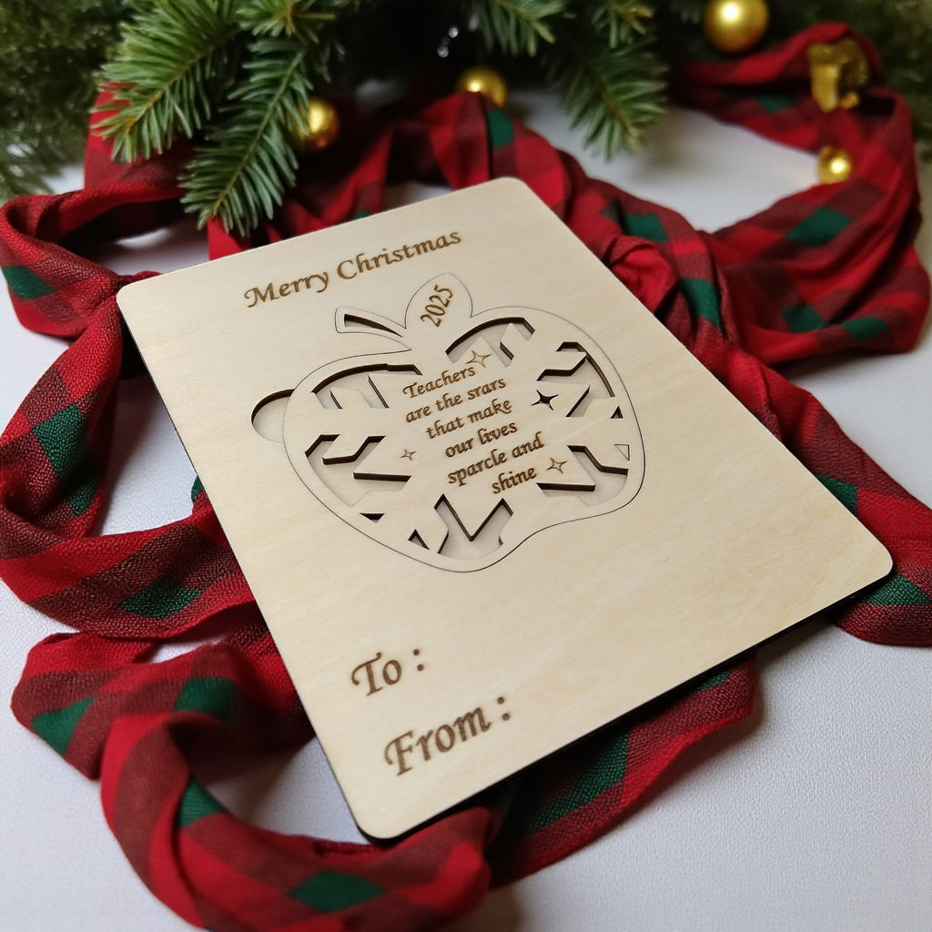 Wooden Christmas Card for Teacher 2025 | Laser Cut Apple Design with Message | Merry Christmas Gift for Teacher