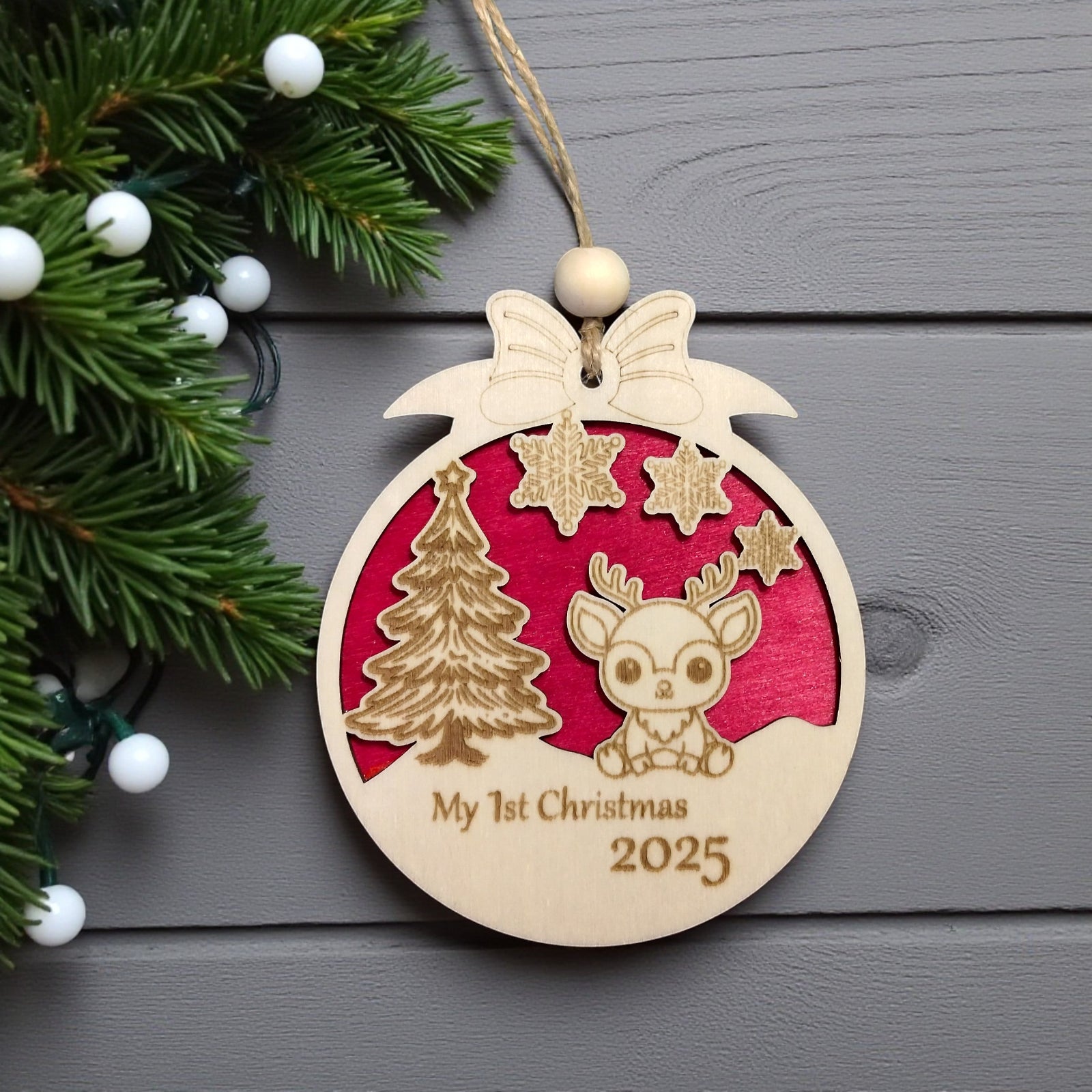 Cute reindeer wooden ornament for baby’s first Christmas 2025 – handcrafted in the UK by CraftRay Gifts.