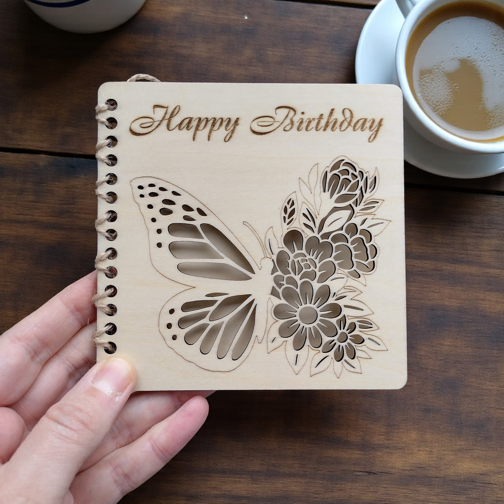 Personalised wooden birthday card with butterfly and floral laser cut design, 13x13 cm, engraved “Happy Birthday”