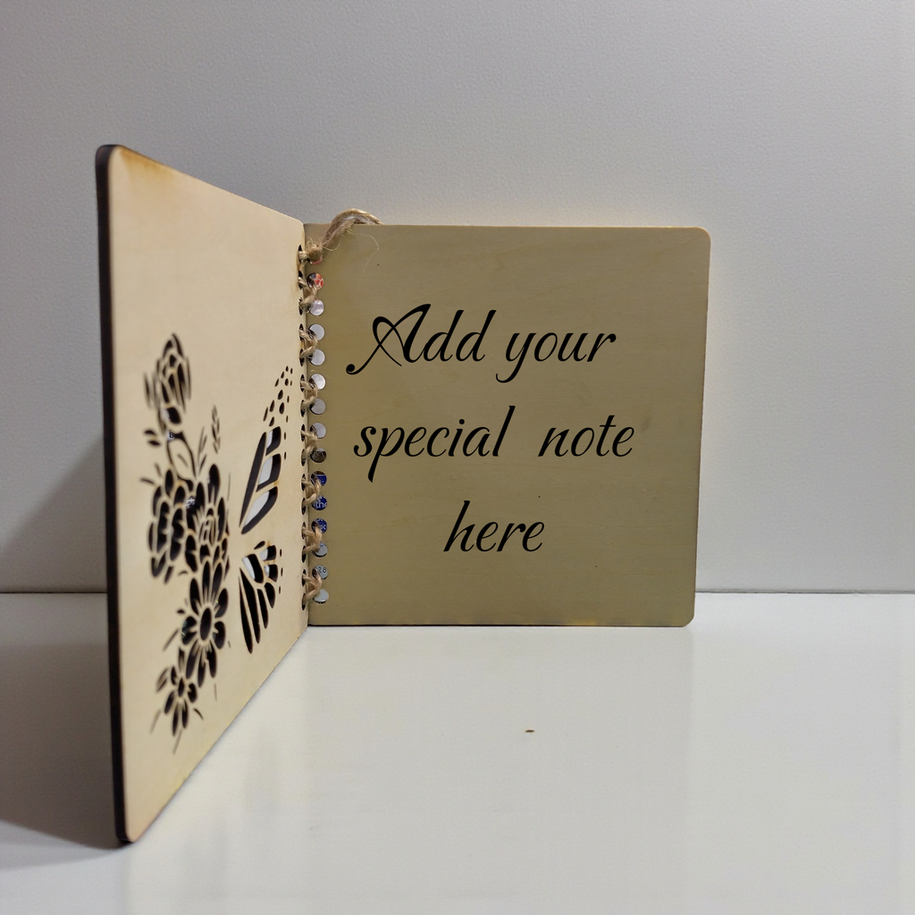 Inside of personalised wooden birthday card with custom engraved name and message, butterfly floral design, 13x13 cm