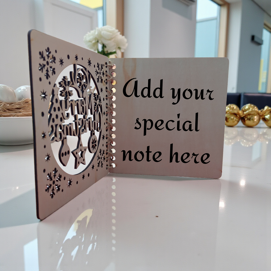 Personalized wooden Christmas card showing inside space for custom note, engraved eco holiday card gift.