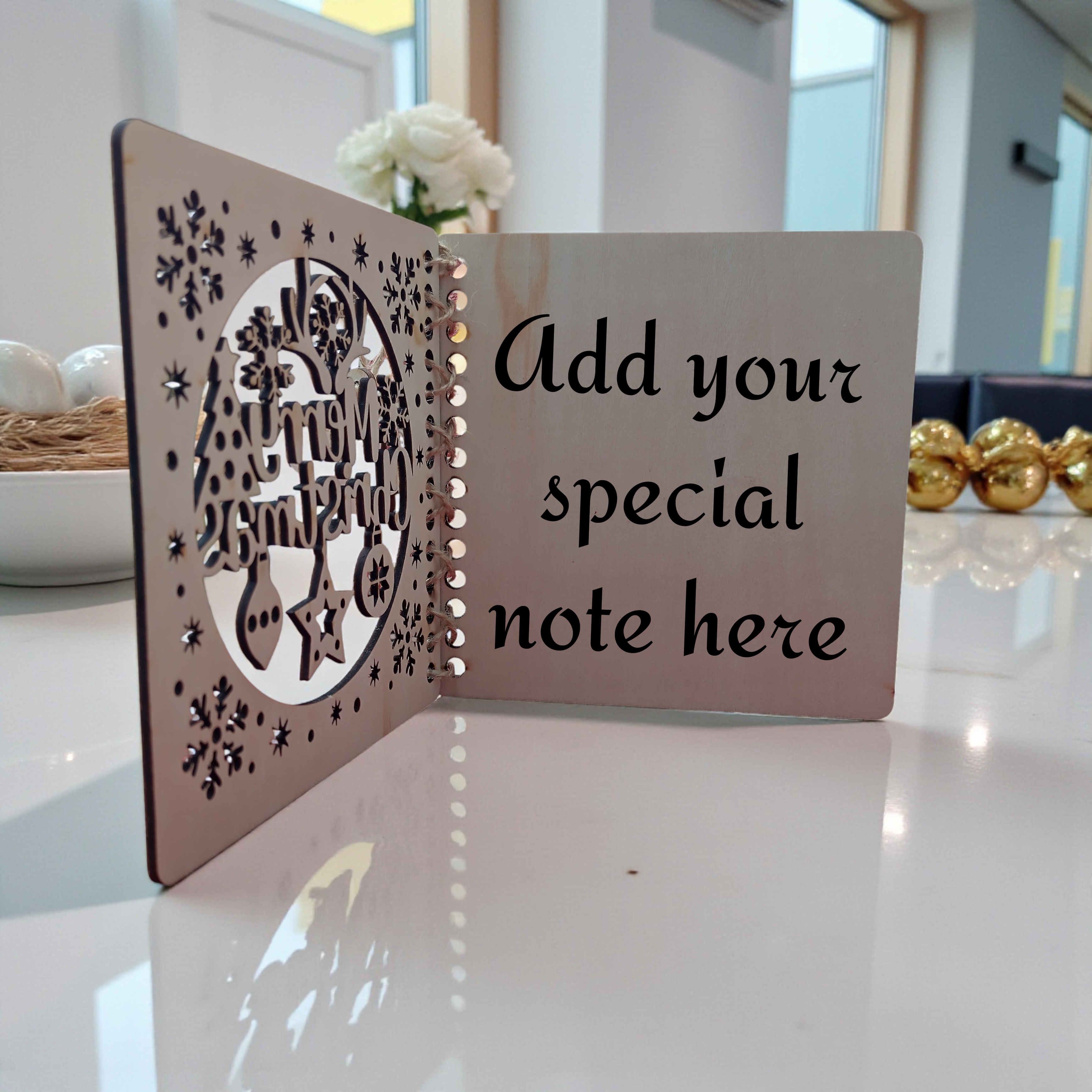 Personalized wooden Christmas card showing inside space for custom note, engraved eco holiday card gift.