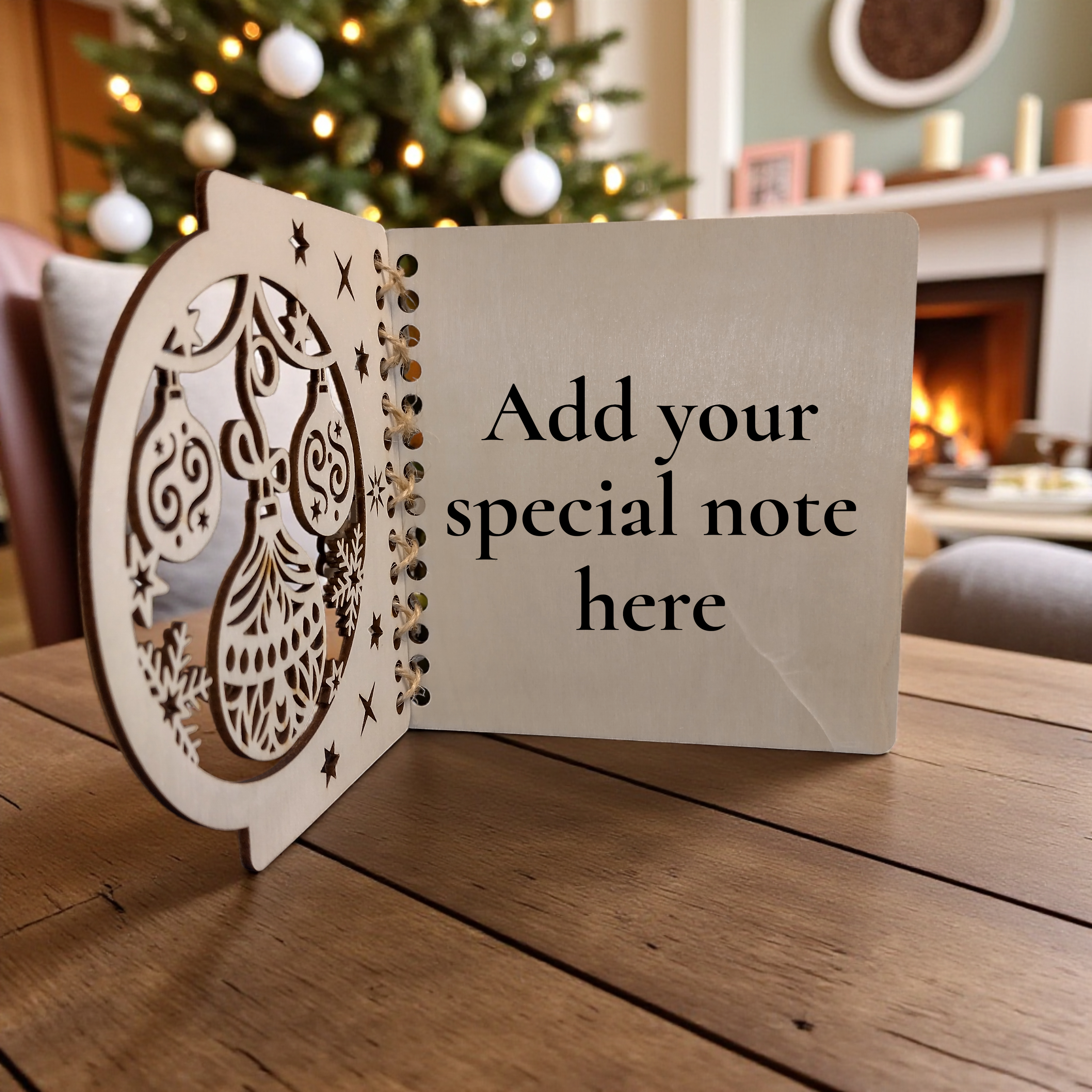 Inside view of wooden Christmas card with Add your special note text