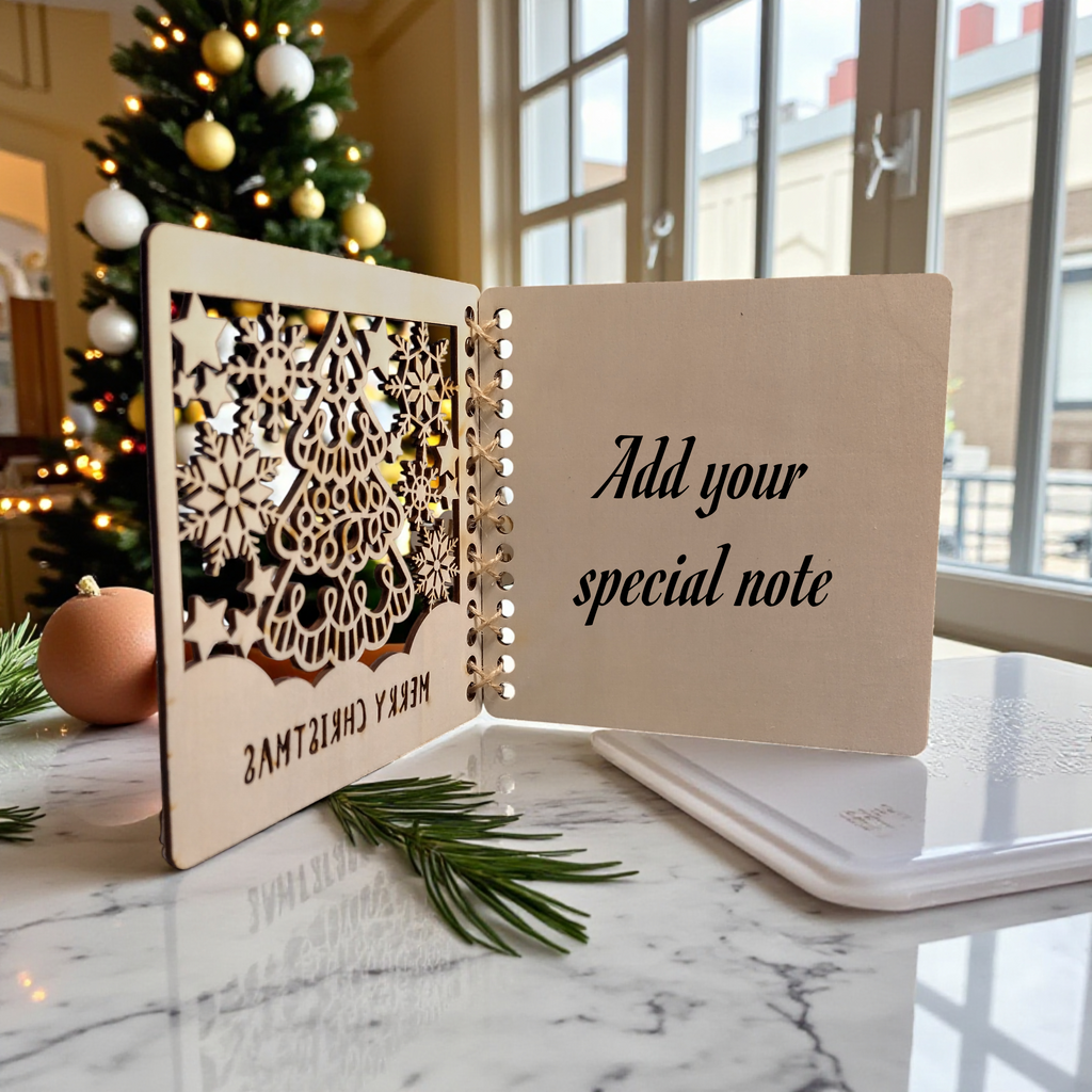 4️⃣ Inside of wooden Christmas card with space for personal note.