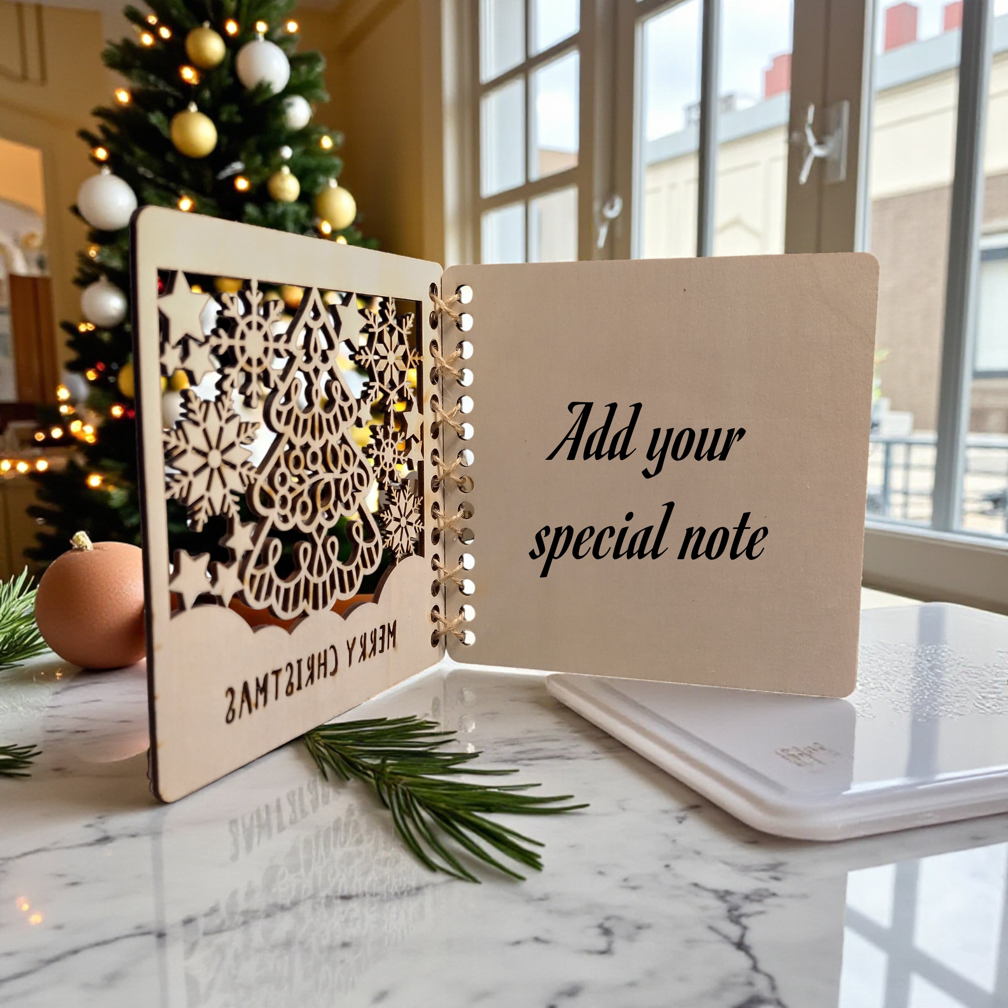 4️⃣ Inside of wooden Christmas card with space for personal note.