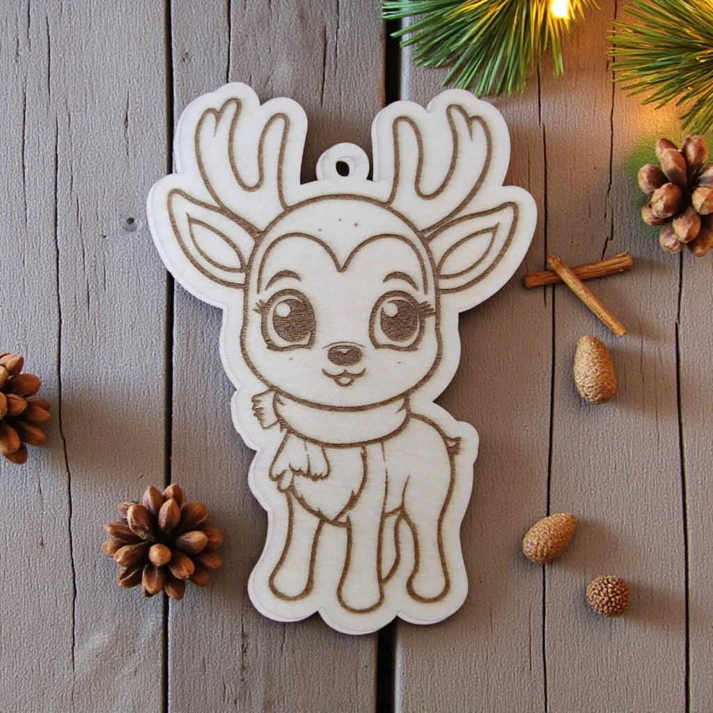 Cute reindeer wooden Christmas ornament, laser engraved handmade decoration by CraftRay Gifts.